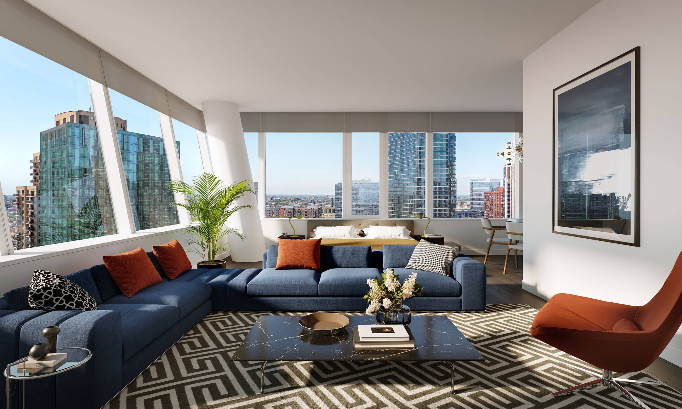 Luxury apartment design with furniture and floor to ceiling windows