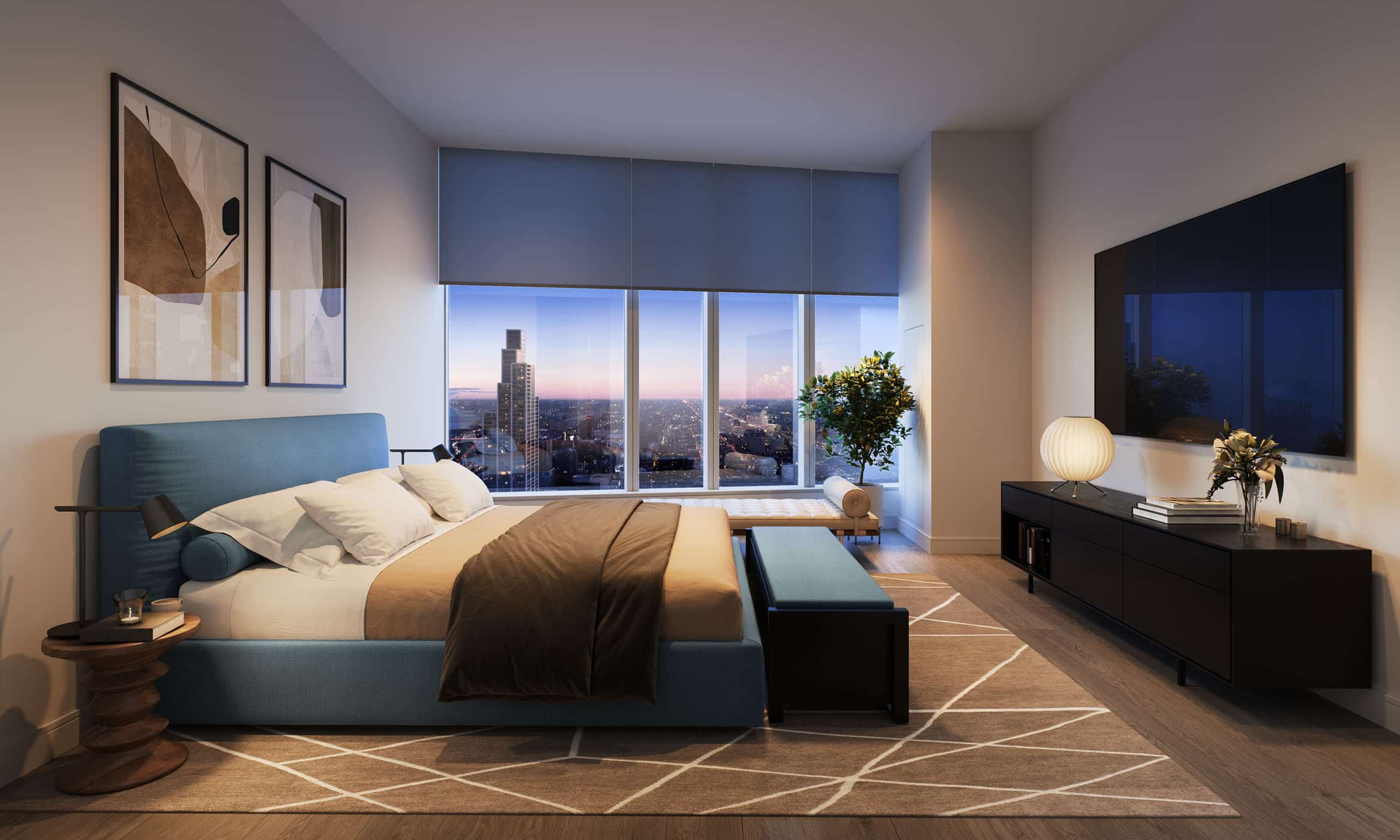 Spacious bedroom with views of the Chicago skyline