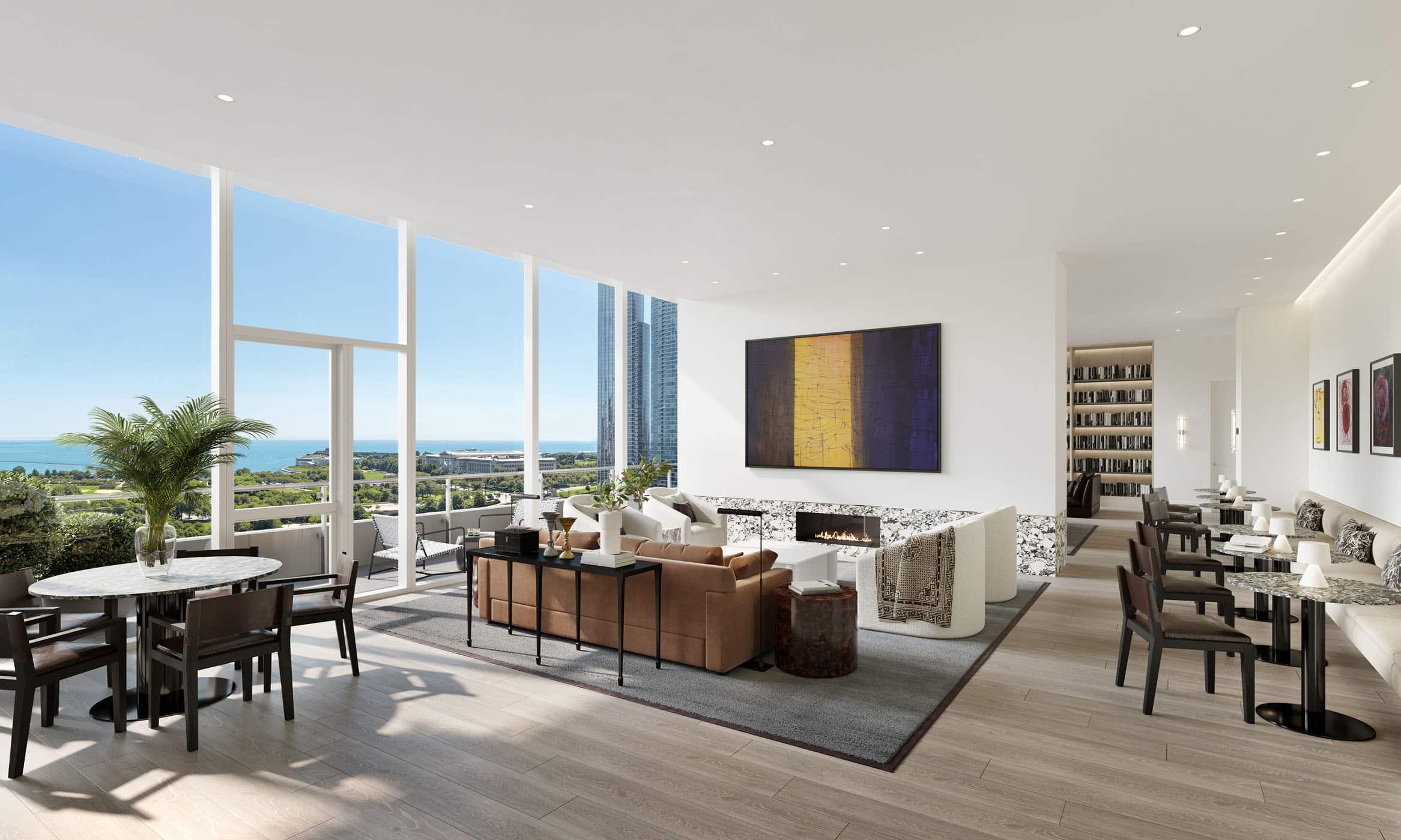 Modern resident lounge with floor to ceiling windows