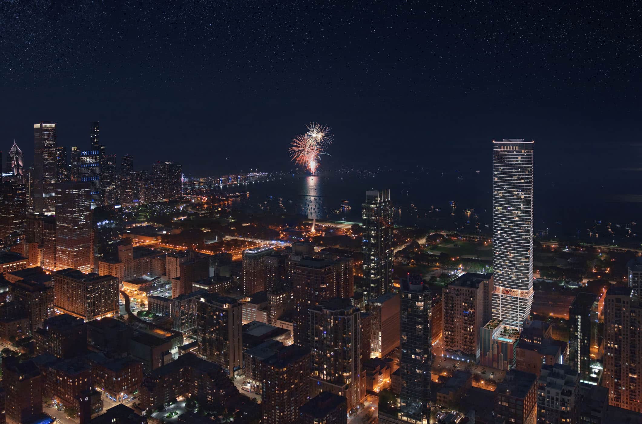 Chicago skyline from above at night