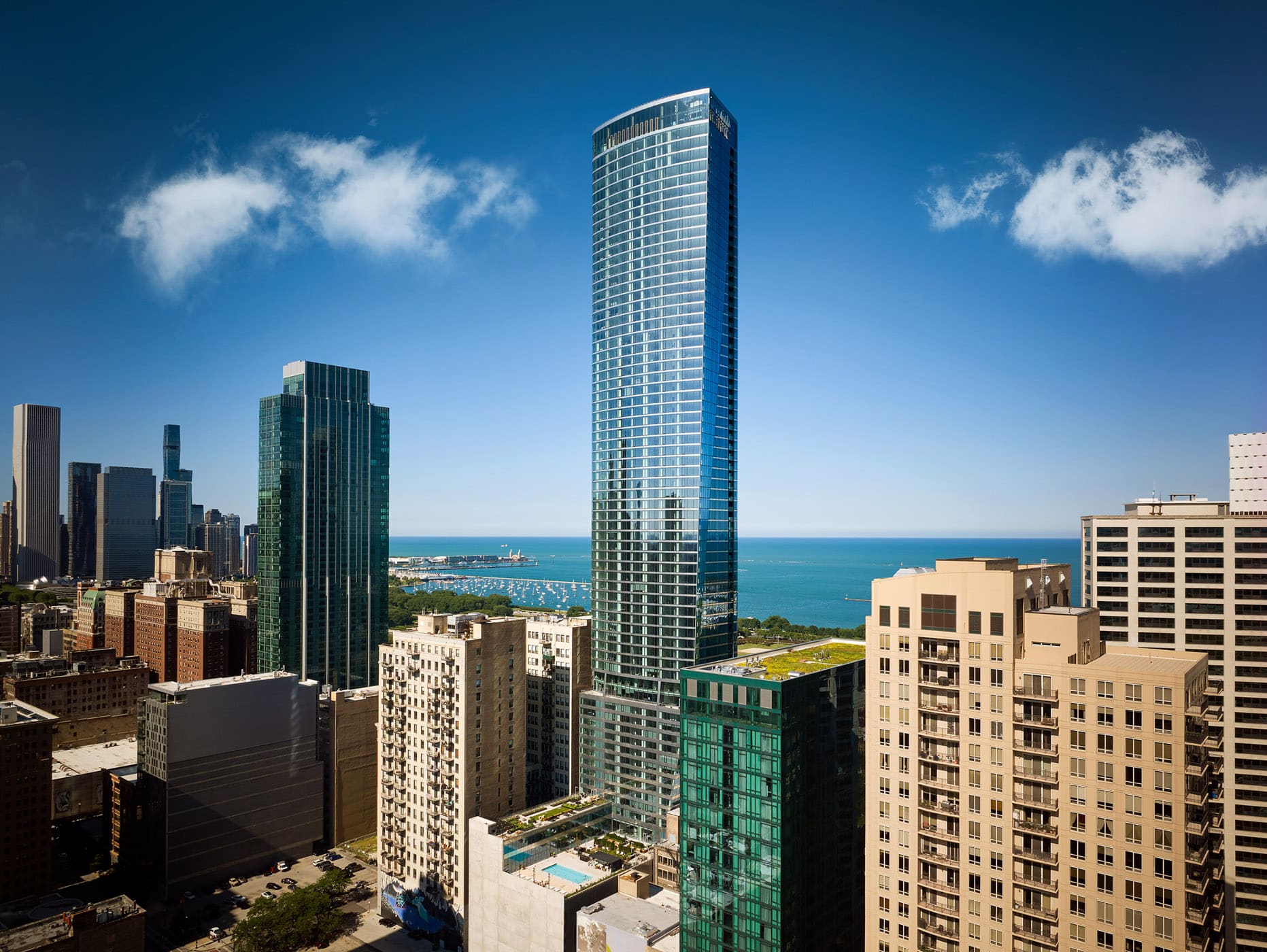 1000M Exterior with Lake Michigan and Chicago skyline in background